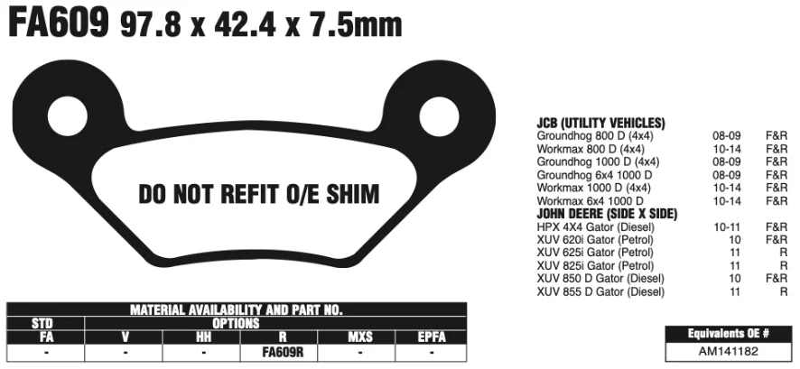 FA609 Brake Pad fit for Motorcycles JCB/JOHN DEERE