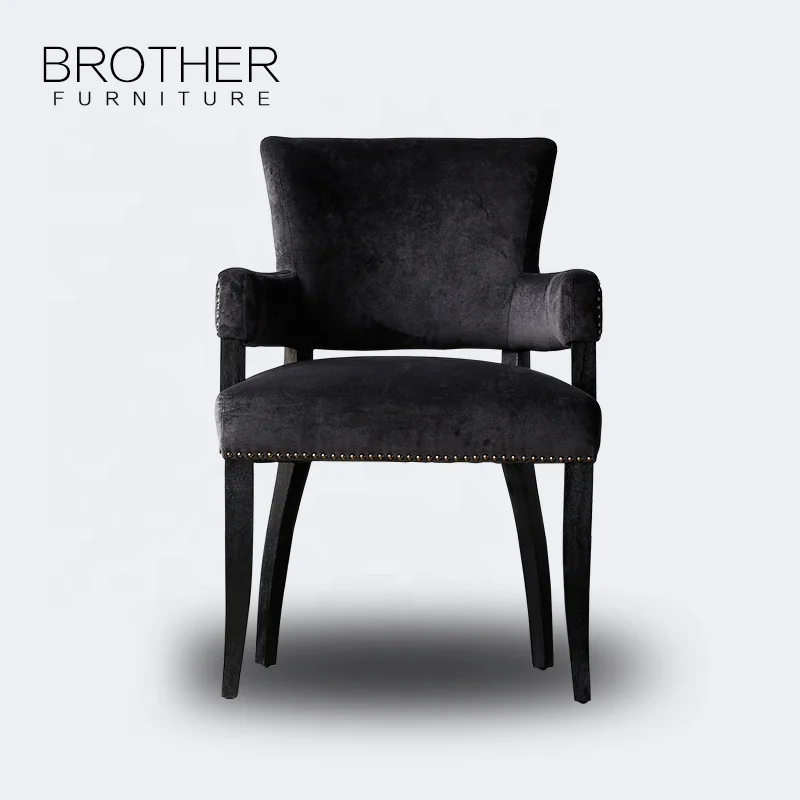 Black antique wood fabric cushion chair with armrest for dining room