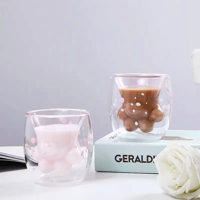 Cherry blossom pink girl cat claw cup high borosilicate glass double layer cup heat proof coffee milk juice cup
