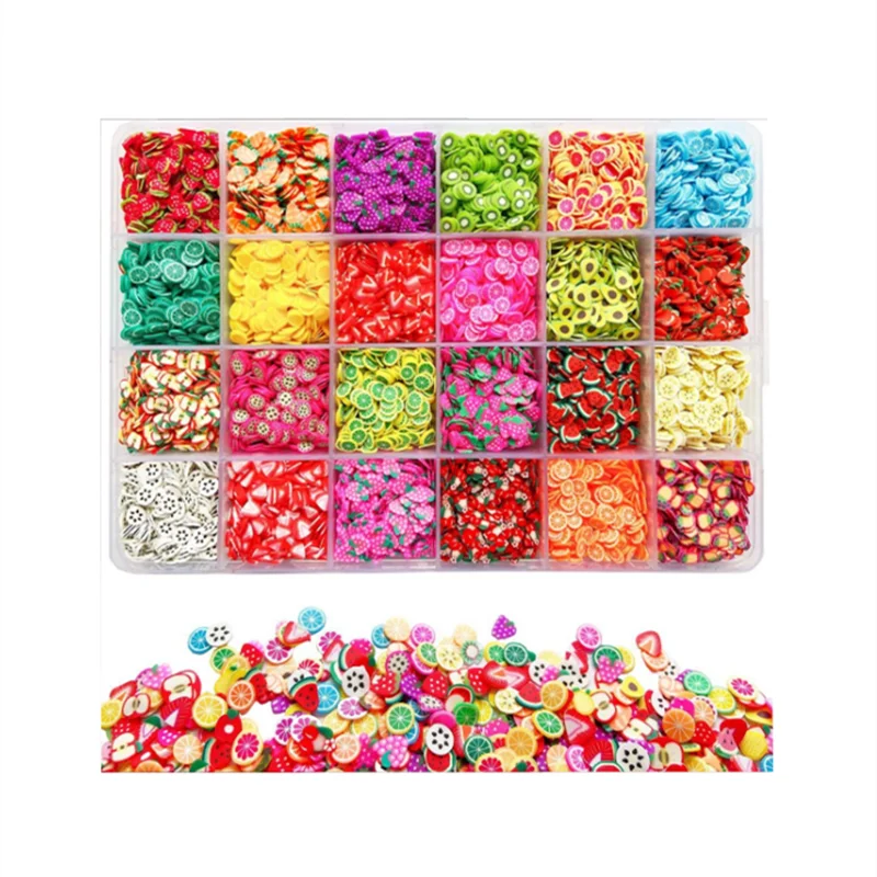 DIY 24 grids boxed Nail fruit soft ceramic chips Cute Design Art fruit Stick on Nails Slim Filler Mobile Phone Case Decoration