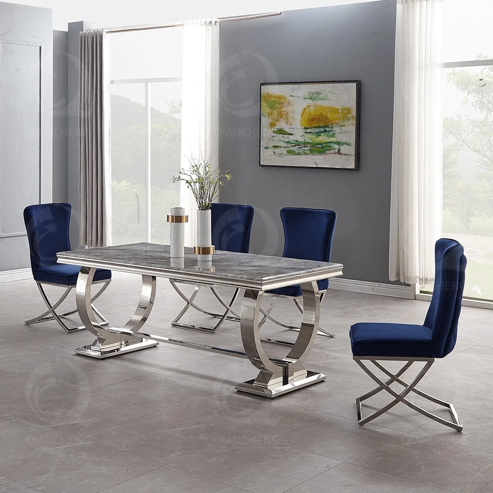 Custom Made Light Luxury Quartz Dining Table Nordic Silver Stainless Steel Metal Furniture Leg Black Marble