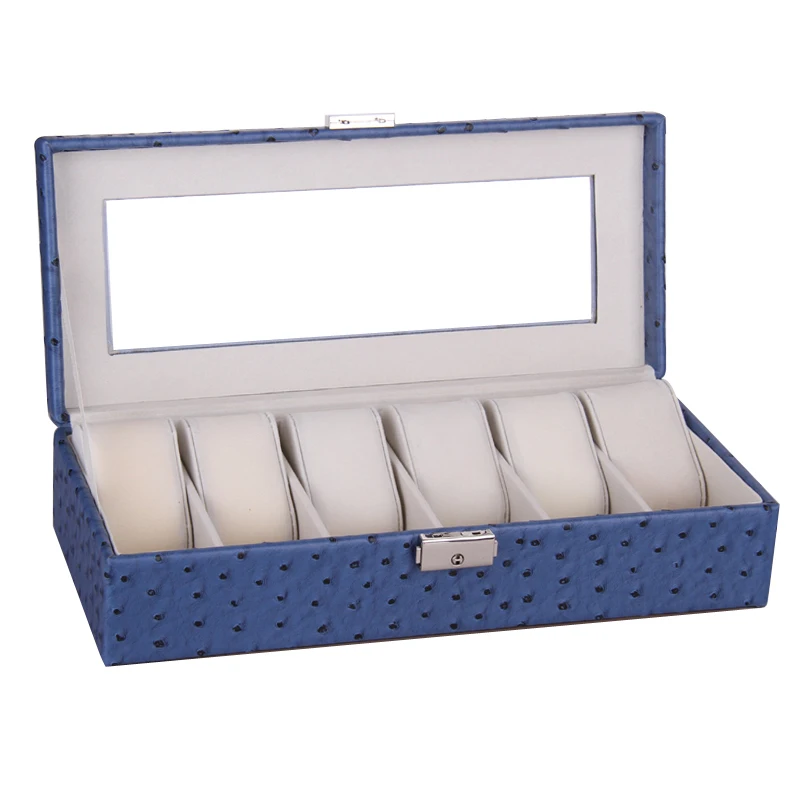 Синий искусственная кожа крокодила, кожа 6 слотов часы дисплей коробка ювелирных изделий класса люкс Бархатная подушка для путешествий Браслет, органайзер, хранилище, сумочка