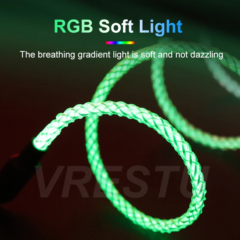 2022 Rgb 6a Fast Charge Cable Zinc Alloy Data Cable USB Type C LED Light Emitting Multicolor Gradient 66w Fast Charge Cable