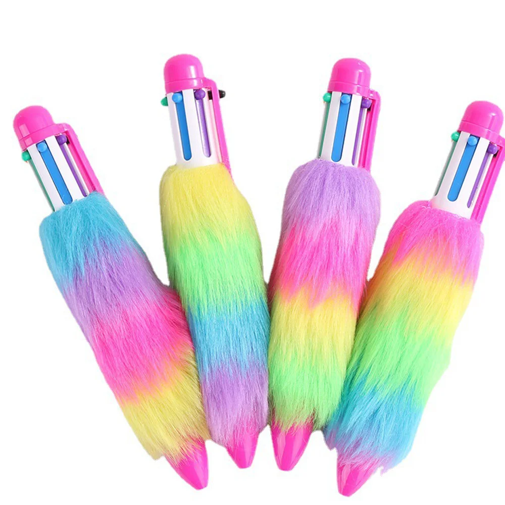 new plush multi-color ballpoint pen creative multicolor rainbow 6 color pen for girl more beautiful scenery fluffy maomao pen