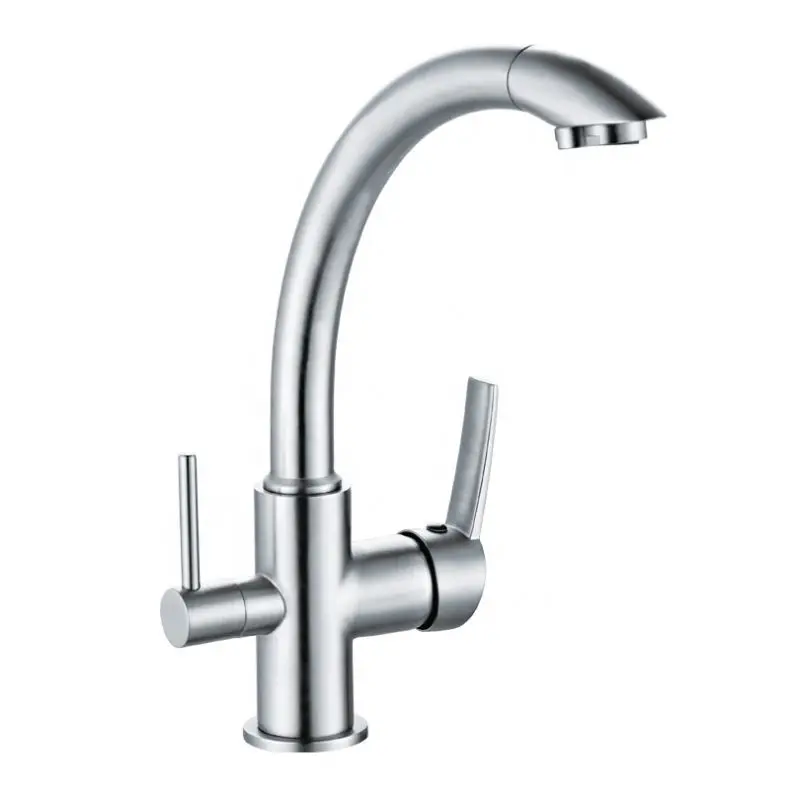 High Quality Brass Long Neck 3 Way Brushed Nickel Tri-flow Kitchen Faucet