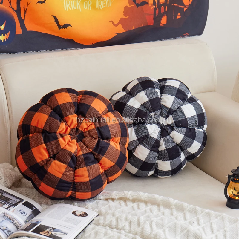 Factory Custom Home Decor Halloween Plaid Pumpkin Soft Velvet Throw Pillow For Sofa
