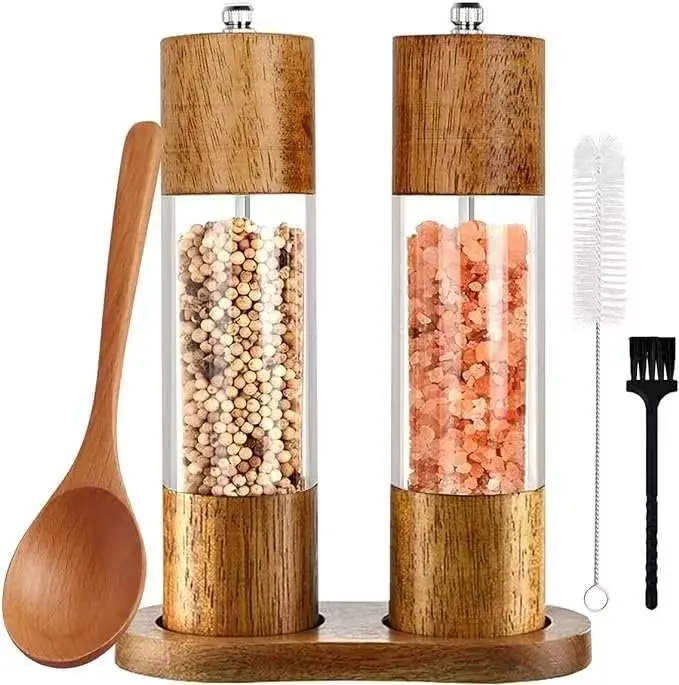 Premium Acrylic Salt and Pepper Grinder Set, Manual Salt and Pepper Mills- Wooden Pepper Shakers with Adjustable Ceramic Core