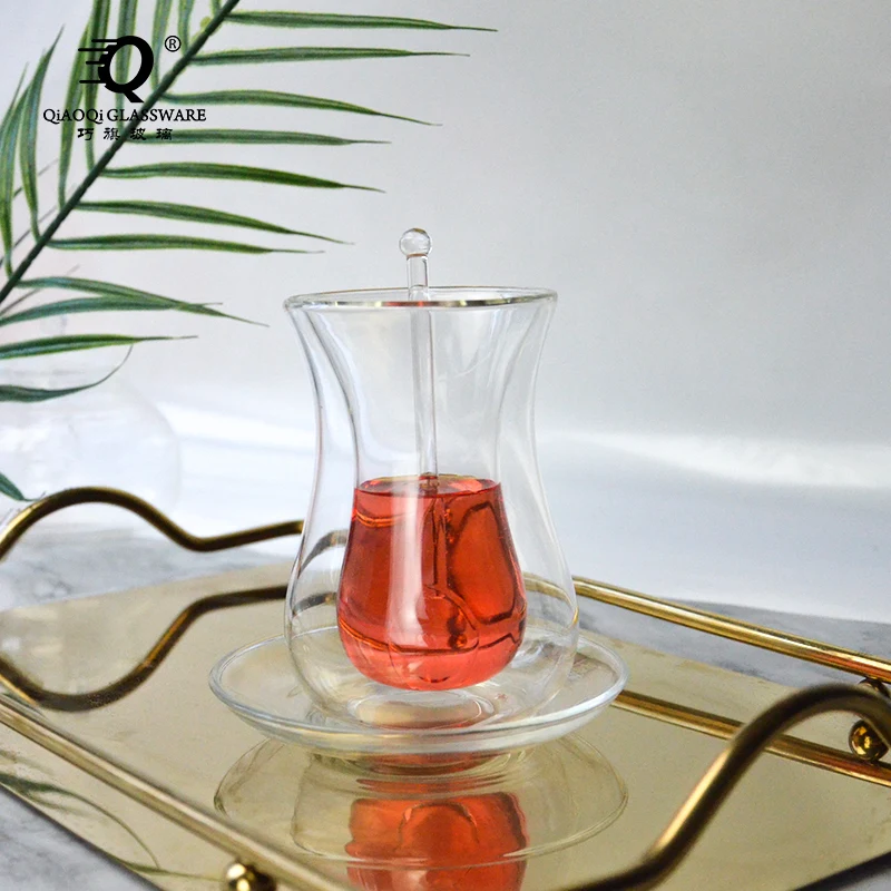 Wholesale Handmade double-layer glass Turkish black tea cup home coffee cup set glass spoon stirring tea cup