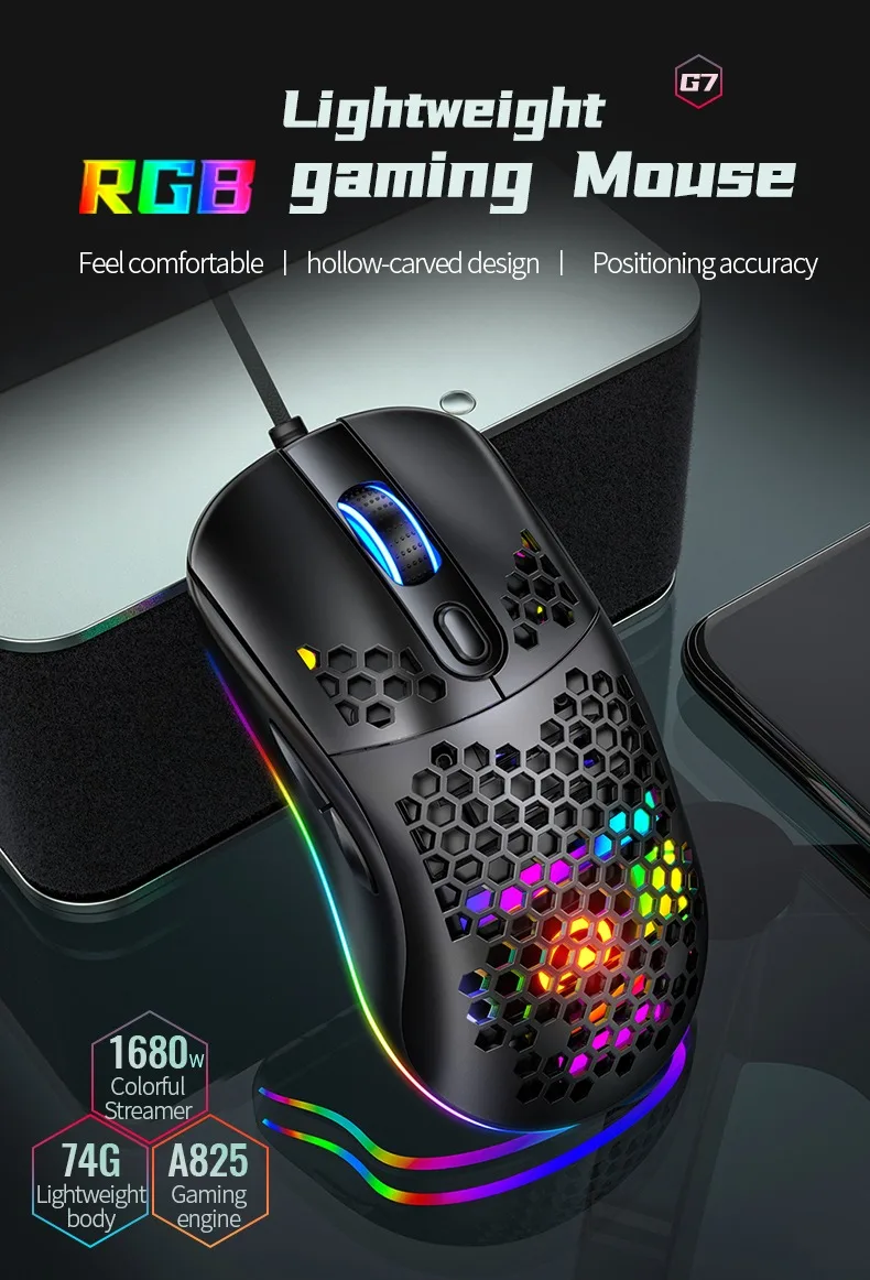 Amazons hot G7 74g light weight RGB gaming mouse 7D buttons touch wired Esports mouse mini mouse