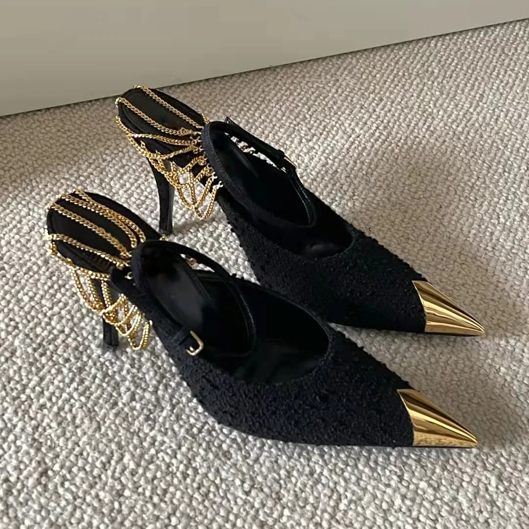 2024 new style black sexy gold iron thin high heel shoes metal chain pointed toe party high-heel sandals for women and ladies