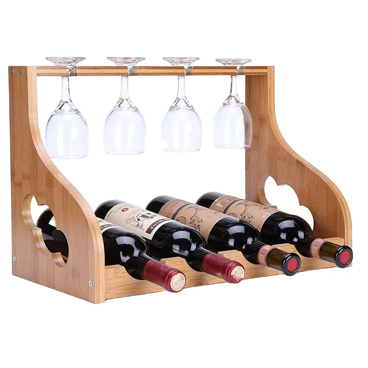 
Factory Bamboo 2 Tier Wine Bottle Rack and Glass Holder for Home Bar Storage 
