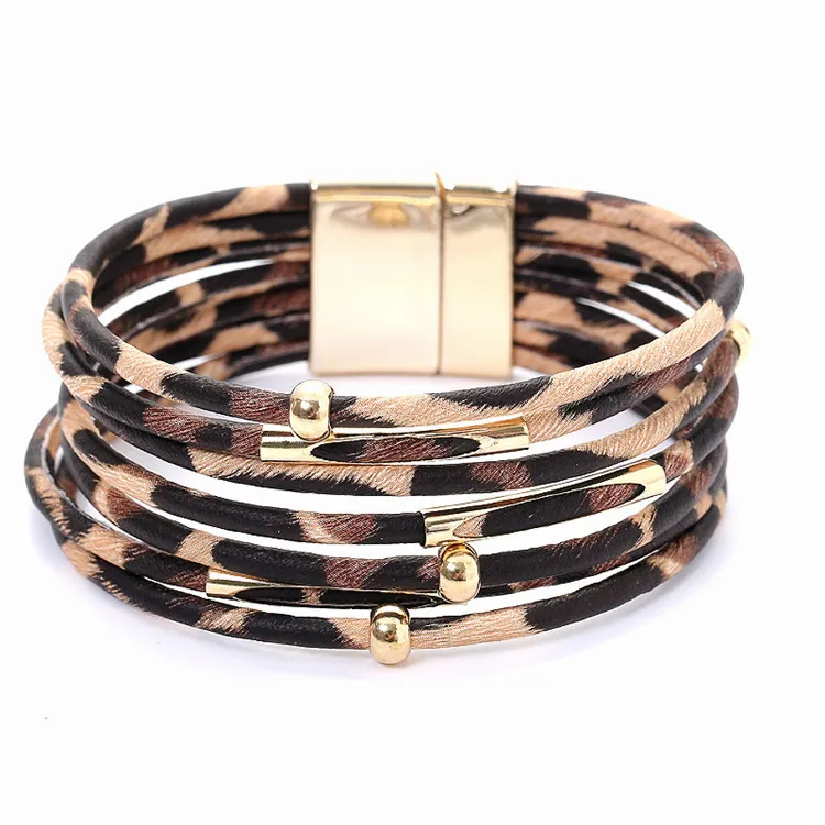 Leopard Bracelets for Women Metal Pipe Charm Multilayer Wide Leather Wrap Bracelet
