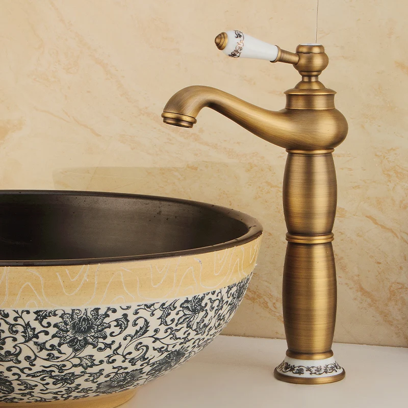 Samiyah Copper Antique European Faucet Art Basin Table Brass Faucet Bathroom Heightened Single Hole Hot And Cold Drawing Faucet