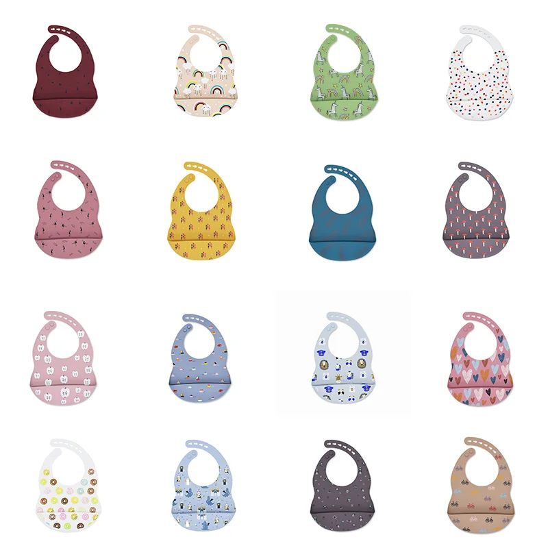 Custom New Printed Pattern Eco-friendly Waterproof Silicon baberos de silicona para bebes Silicone Baby Bibs