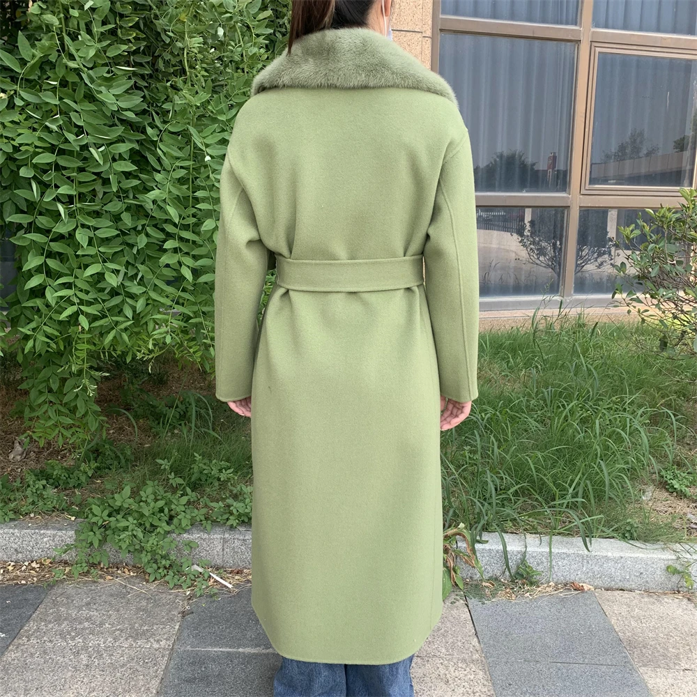 Hot Sale High Quality Warm Thick Cashmere Coat With Real Mink Fur Collar Wholesale Winter Long Wool Coat Women
