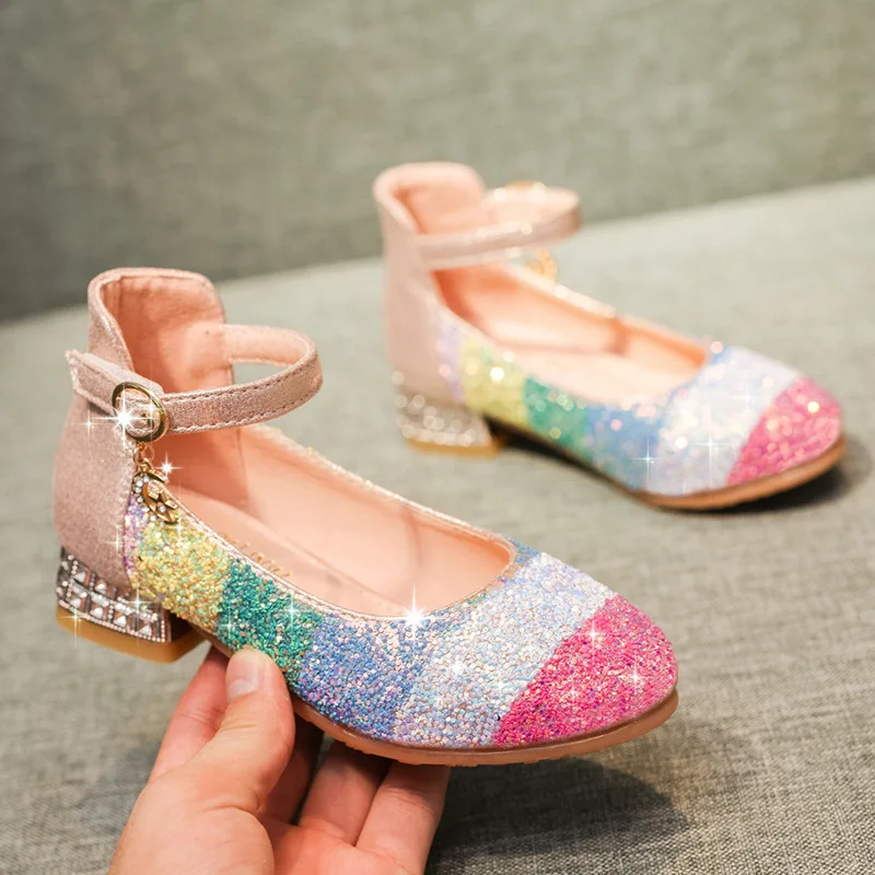 hot selling 2021 spring and Summer Girls Princess Sandals rainbow Sequins High Heels shoes party dressy shoes kids