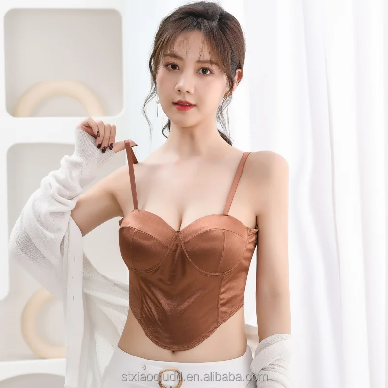 comfortable camisole hot style sexy wrap chest traceless bra Ice silk seamless pleated latex fixed cup sling tube top for women