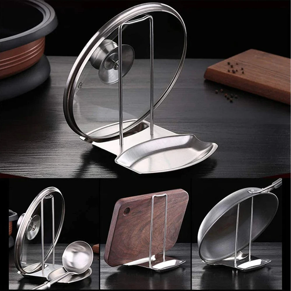 2-in-1 Lid & Spoon Holder Upstanding Stainless Steel Ladles Holder Spoon Rest and Pot Lid Holder for Kitchen Utensil