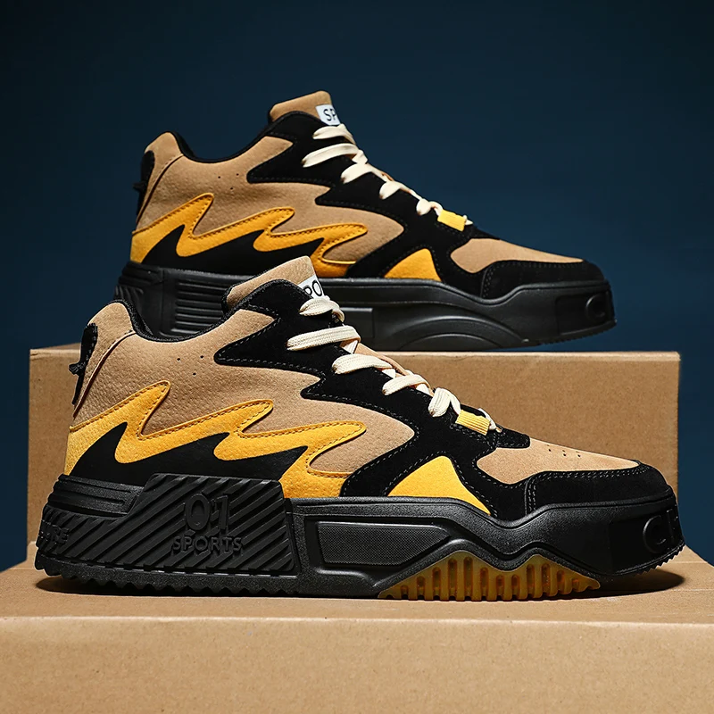 2022 New four seasons thick soles high top sports shoes with anti-fleece splicing personality waterproof outdoor shoes for men