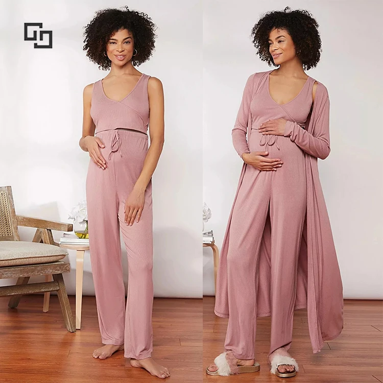 Pregnant Solid Maternity Dresses Rib-knit Tank Top Drawstring Pants With Coat Maternity Nursing Pajama Sets