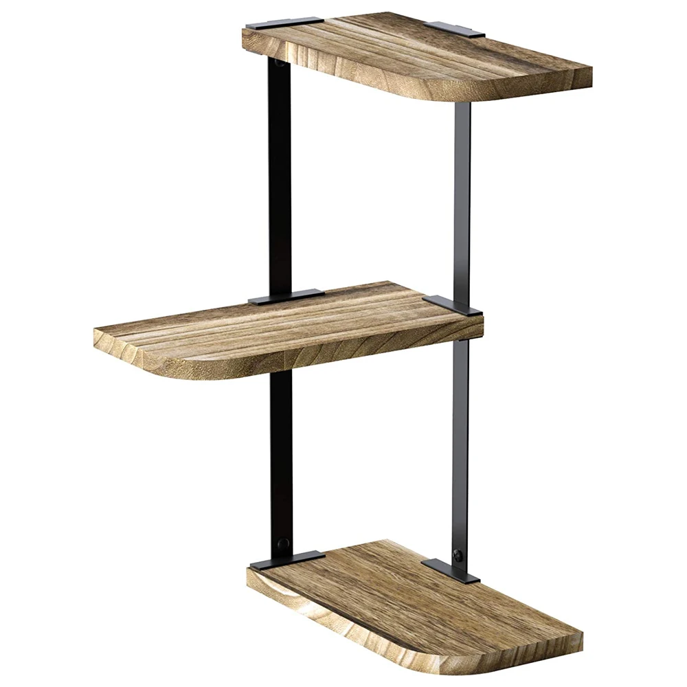 
Carbonized Black Creative Corner Shelves Wall Mount Hanging Storage of 3 Tier Rustic Wood Floating Shelves for Home Bathroom 