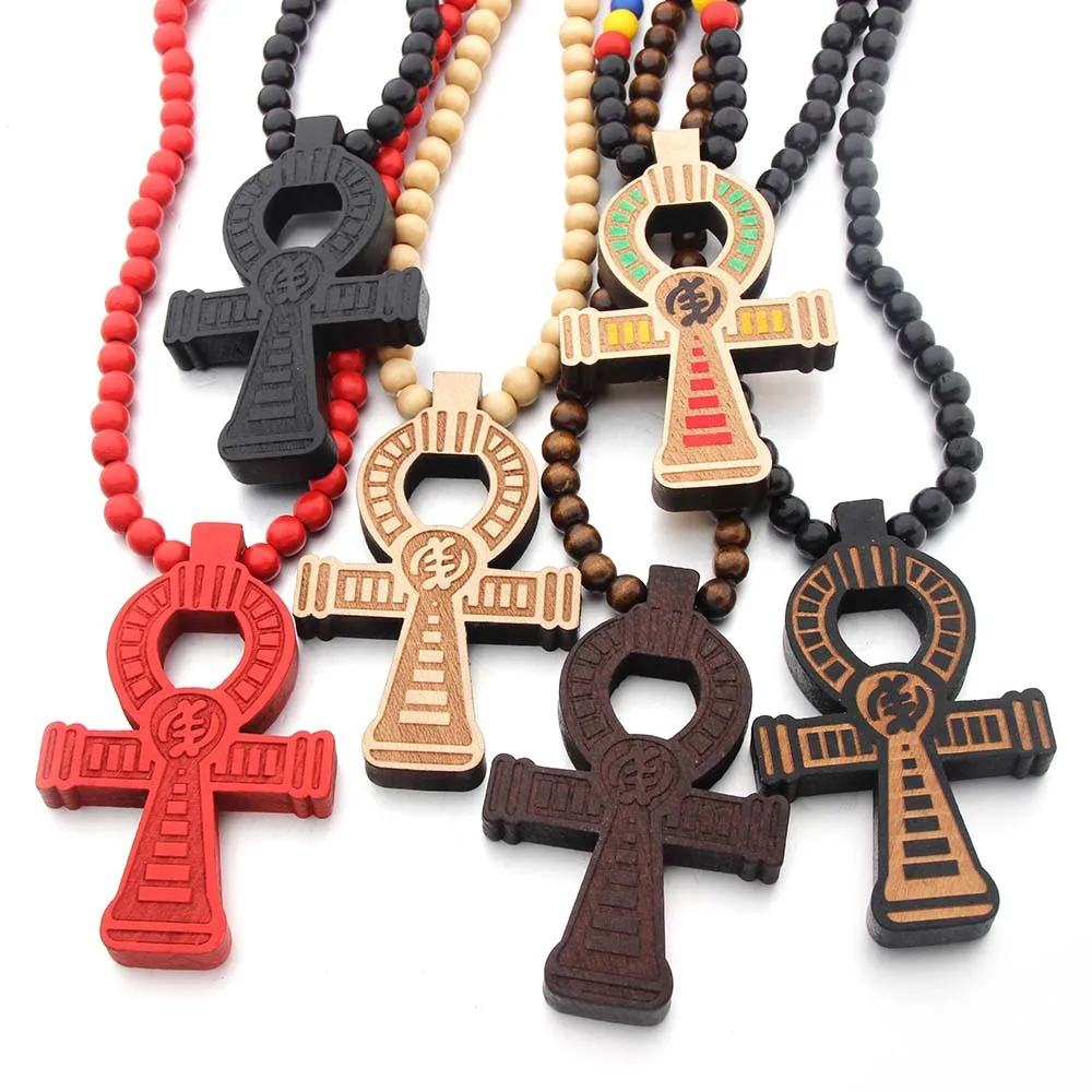 Mens Hiphop Egyptian Jewelry Wood Engraved Necklace 8mm Wooden Bead Chain Ankh Cross Necklace