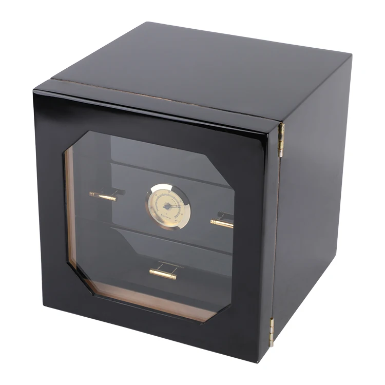 Fancy modern luxury 3 black wooden lined trays  desktop cabinet cigar humidor box Wholesale Customized
