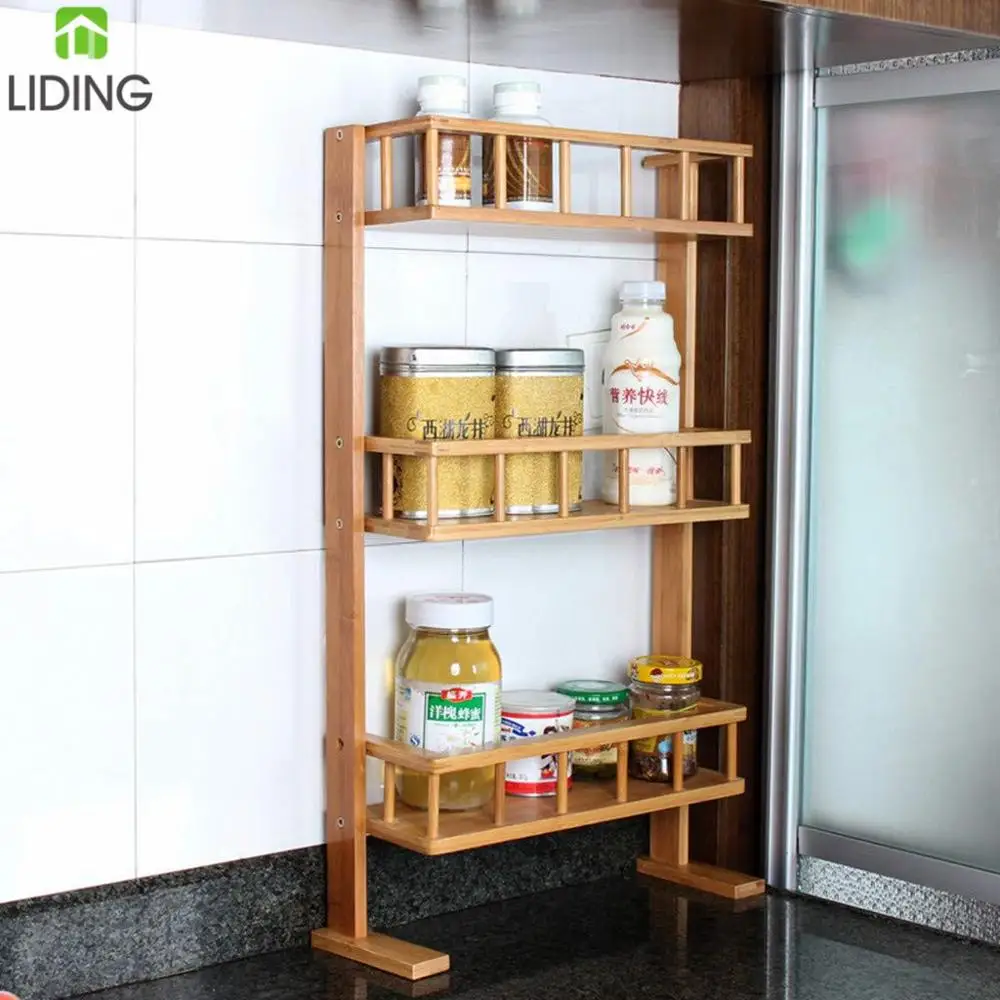 Bamboo Refrigerator Side Storage Shelf, 3 Tiers Kitchen Organizer Spice Jars Rack