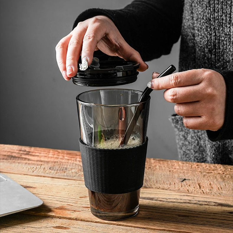 16oz glass cup with lid and straw travel glass tumbler with silicone sleeve