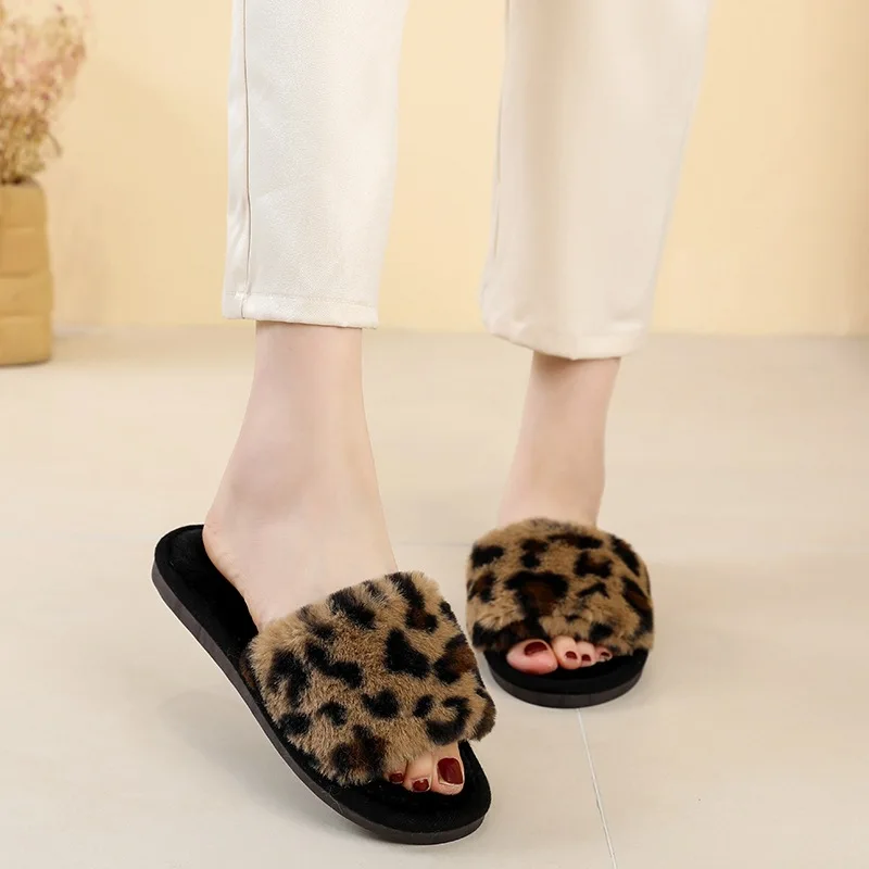 Women home character slippers open toe leopard plush slippers printed pattern winter slippers for ladies girls