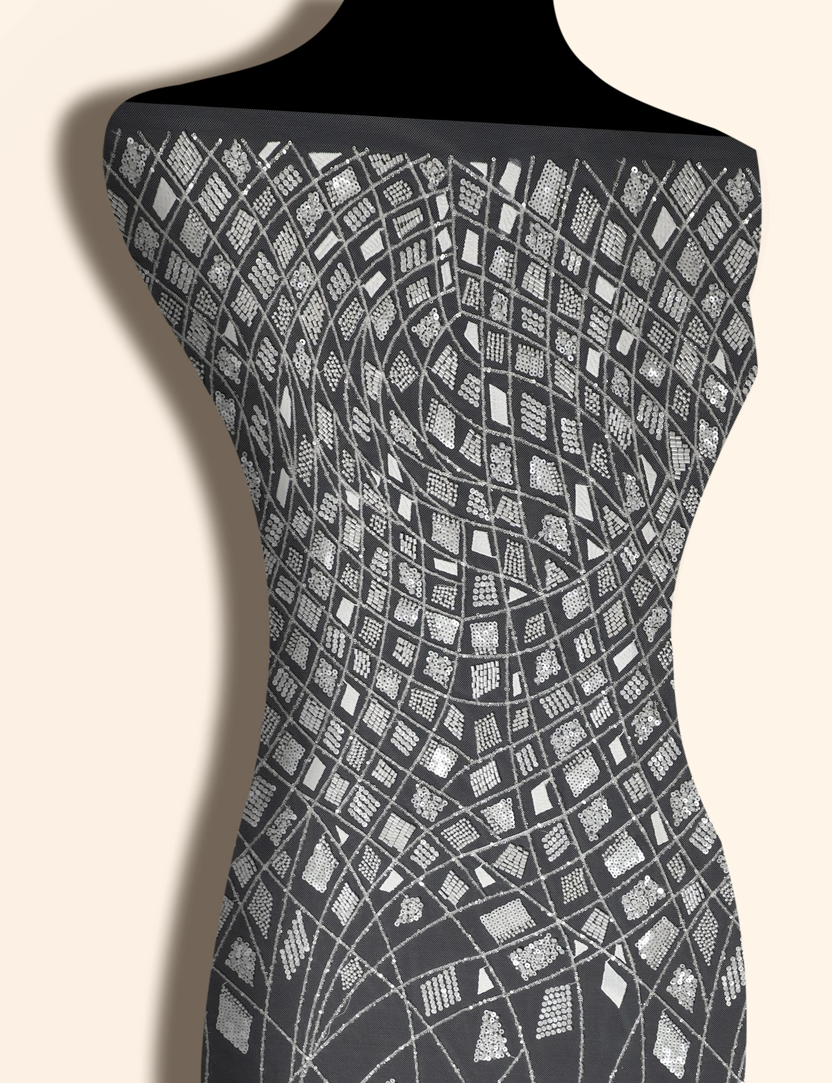 ZX081 Crystal Shining Sequin Lace Fabric in Geo Pattern, Machine Embroidery Beading Lace Wholesale Supply