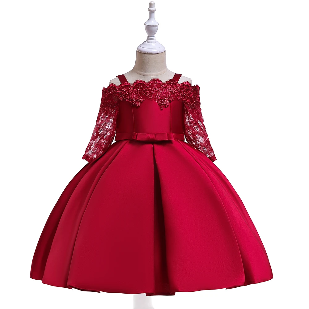 wholesale girls dresses 2-12 kids Slanted shoulder design formal baby dress flower 3 year old girl dress L5083