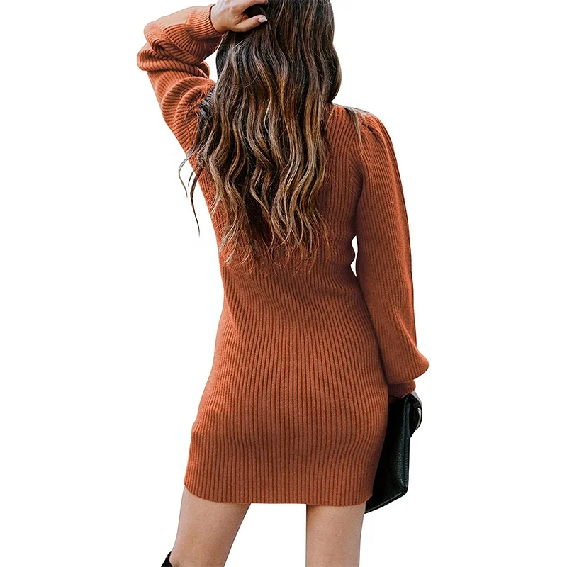 2022 Factory wholesale turtleneck long sleeved bodycon women causal mini ribbed knit dress