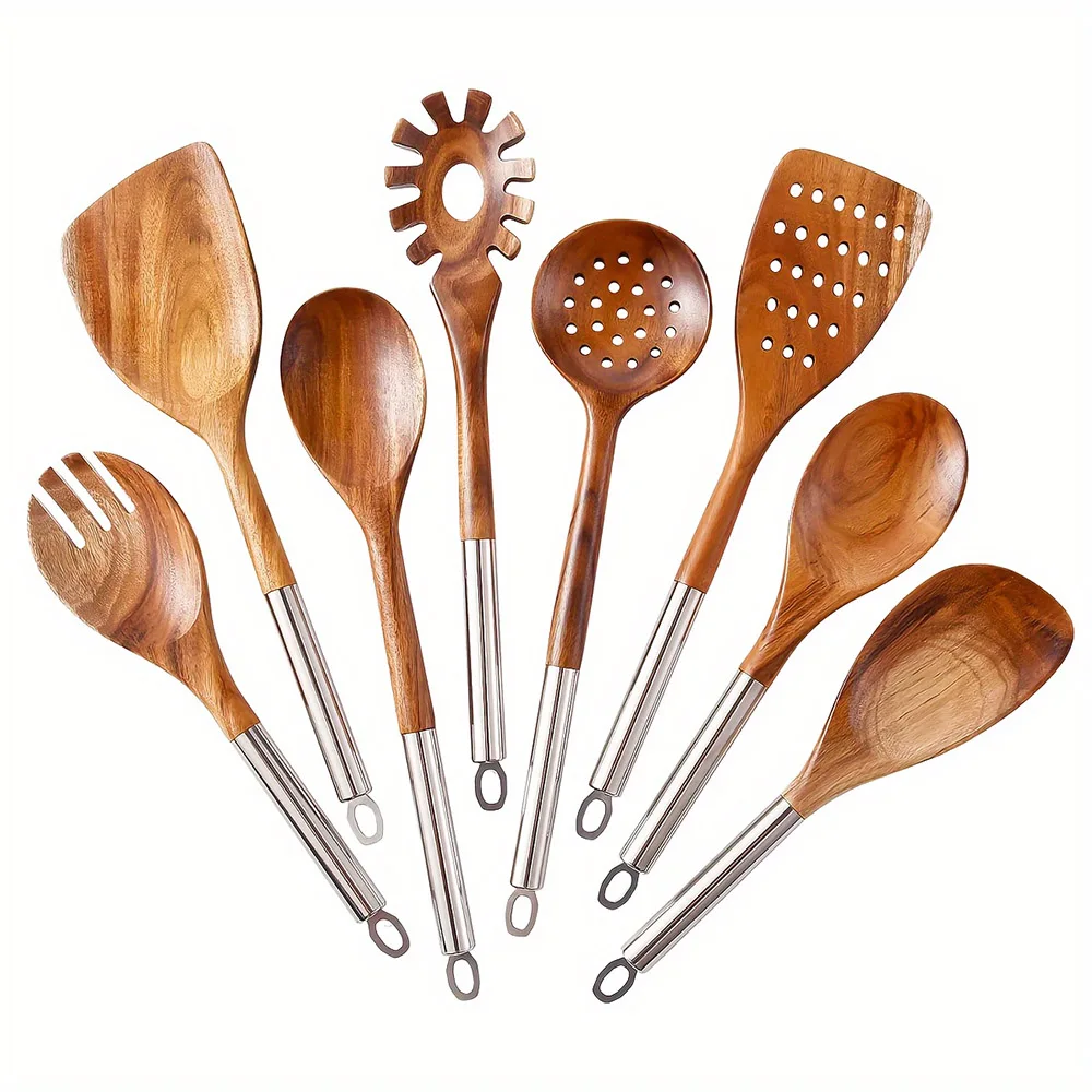 8 PCS Kitchen Cooking Wooden Spoon Spatula Natural Acacia Wood Utensils Set with Stainless Steel Handle