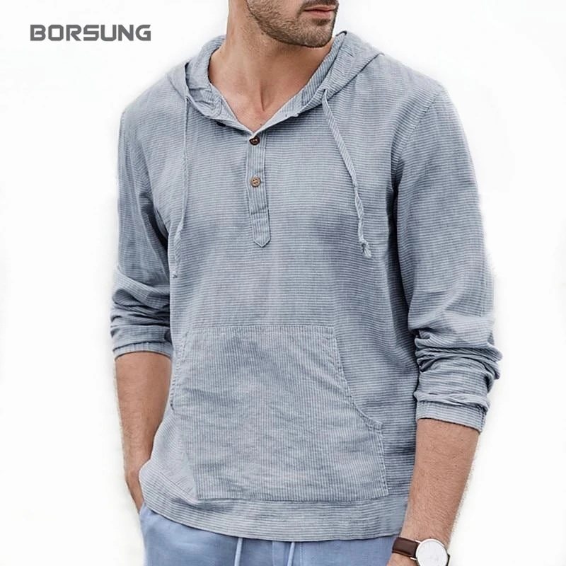 
2020 New hip hop casual cotton men linen t shirt hooded plain stripe pocket fit long sleeve comfortable dry fit shirt for men 