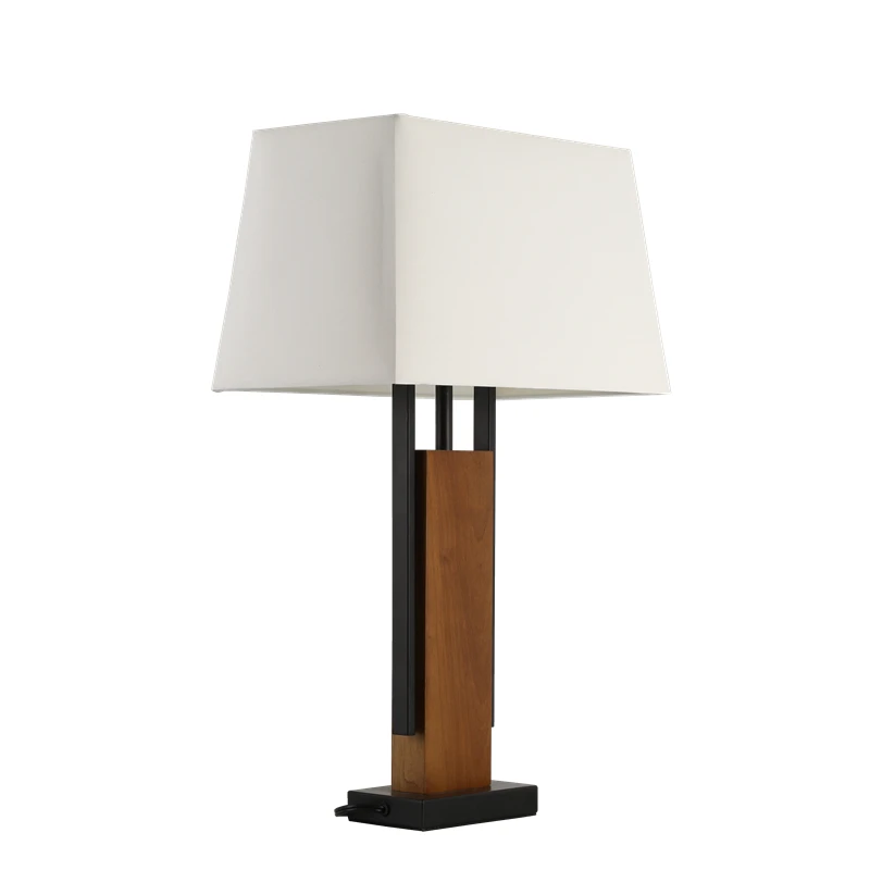 modern fashion Wooden metal base rectangular white fabric lampshade study desk table lamp with Edison bulb