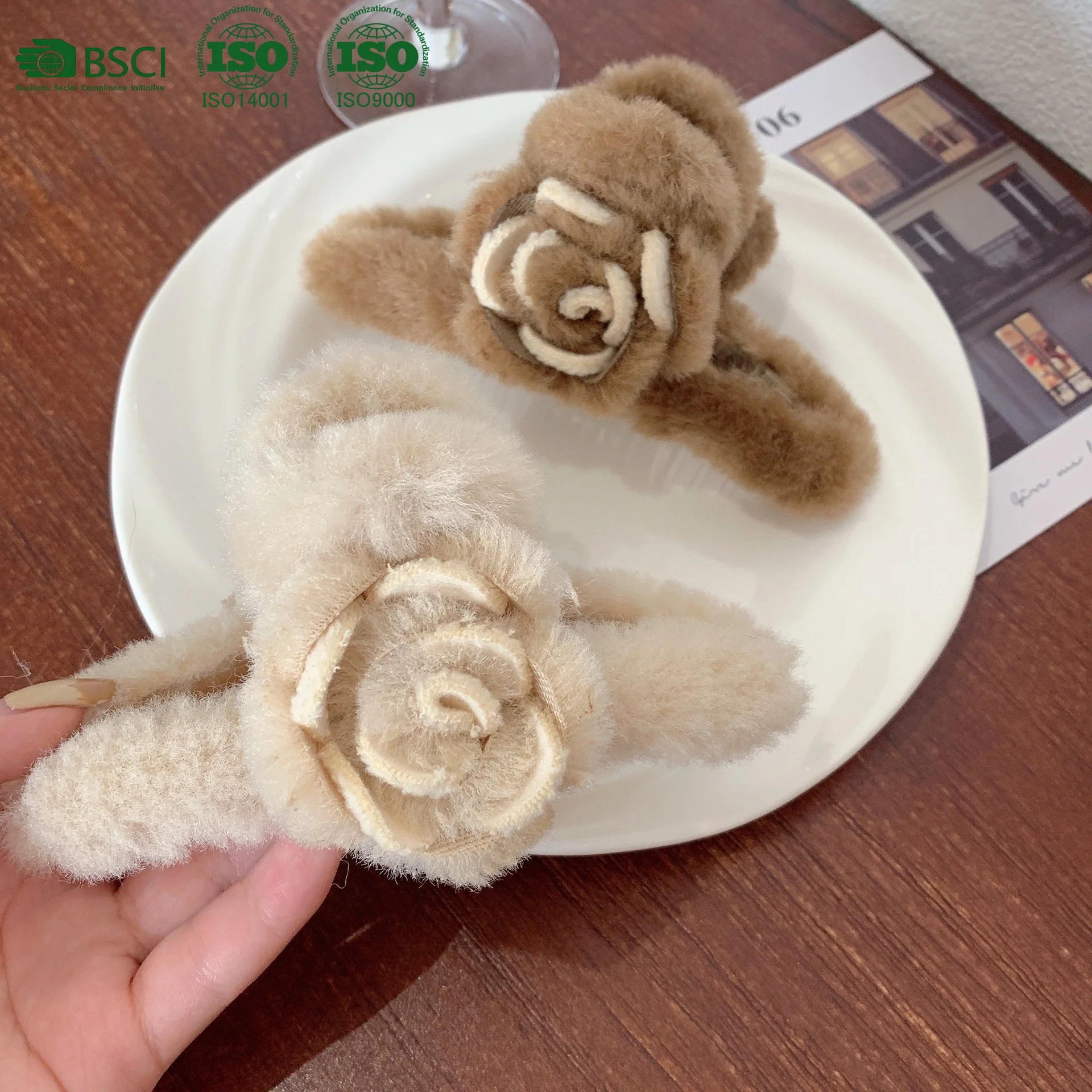 YJL Korean Flower Plush Hair Clip Faux Fur Hair Claws Crab Clamps Winter Women Hair Accessories