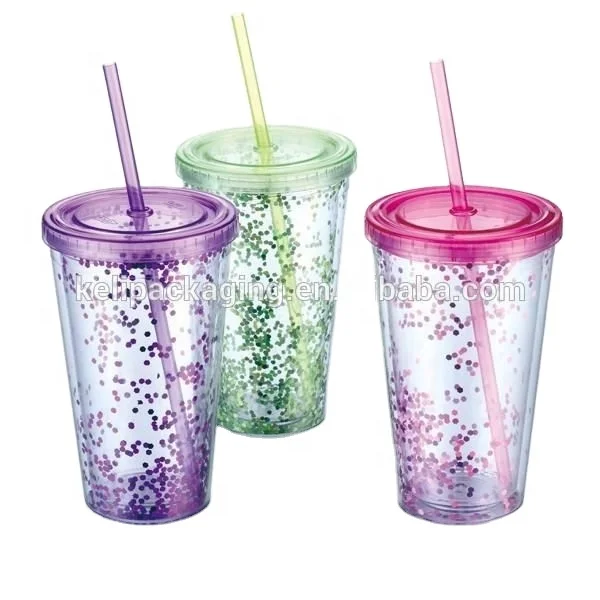 Cheap Nice Sequins Double Wall Plastic Tumbler With Lid Wholesale Colorful Plastic Tumbler With Straw For Promotion