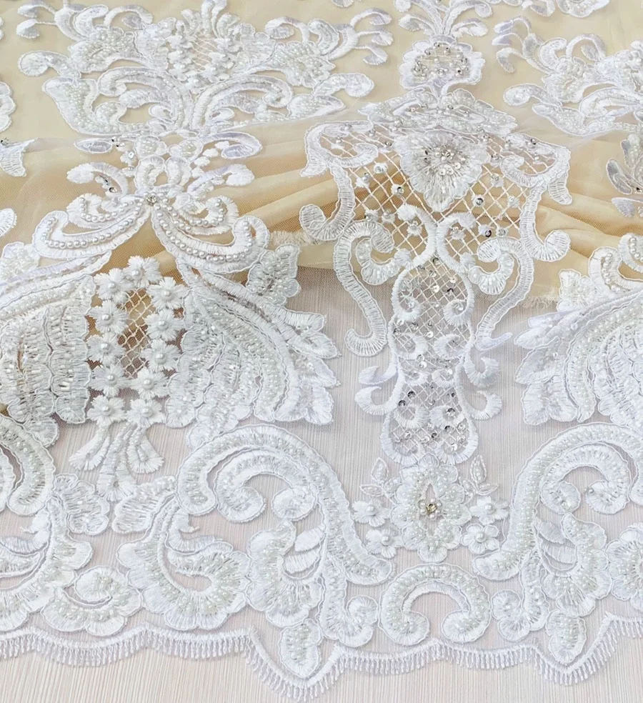 luxury allover white color wedding lace fabric with heavy hand beaded pearls rhinestones embroidery lace fabric for bridal