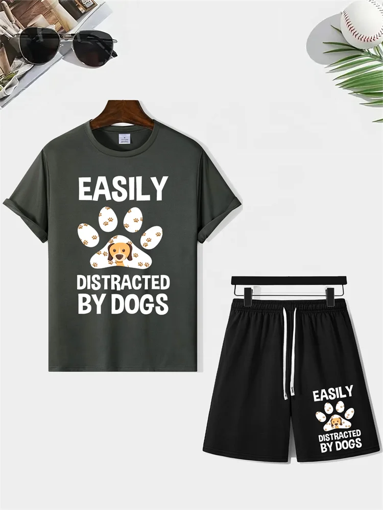 Summer Set Suit Short Sleeve Tshirt Two Pieces Dog Print Sports Suit Casual T-Shirt And Shorts Set