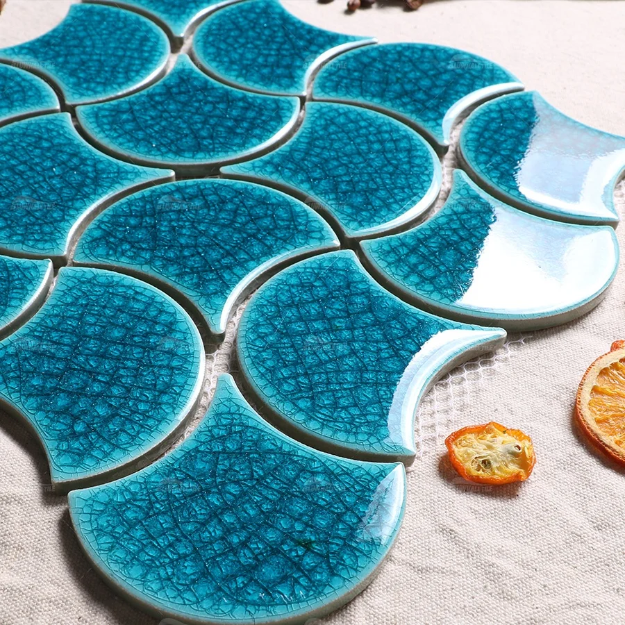 Bathroom Shower Backsplash Wall Fish Scale Tile Ice Crackle Glossy Cheap Swimming Pool Tile Ceramic Glazed Fan Shaped Tile