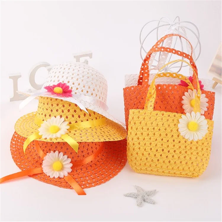 Wholesale straw hat with bag summer paper sunhat for kids