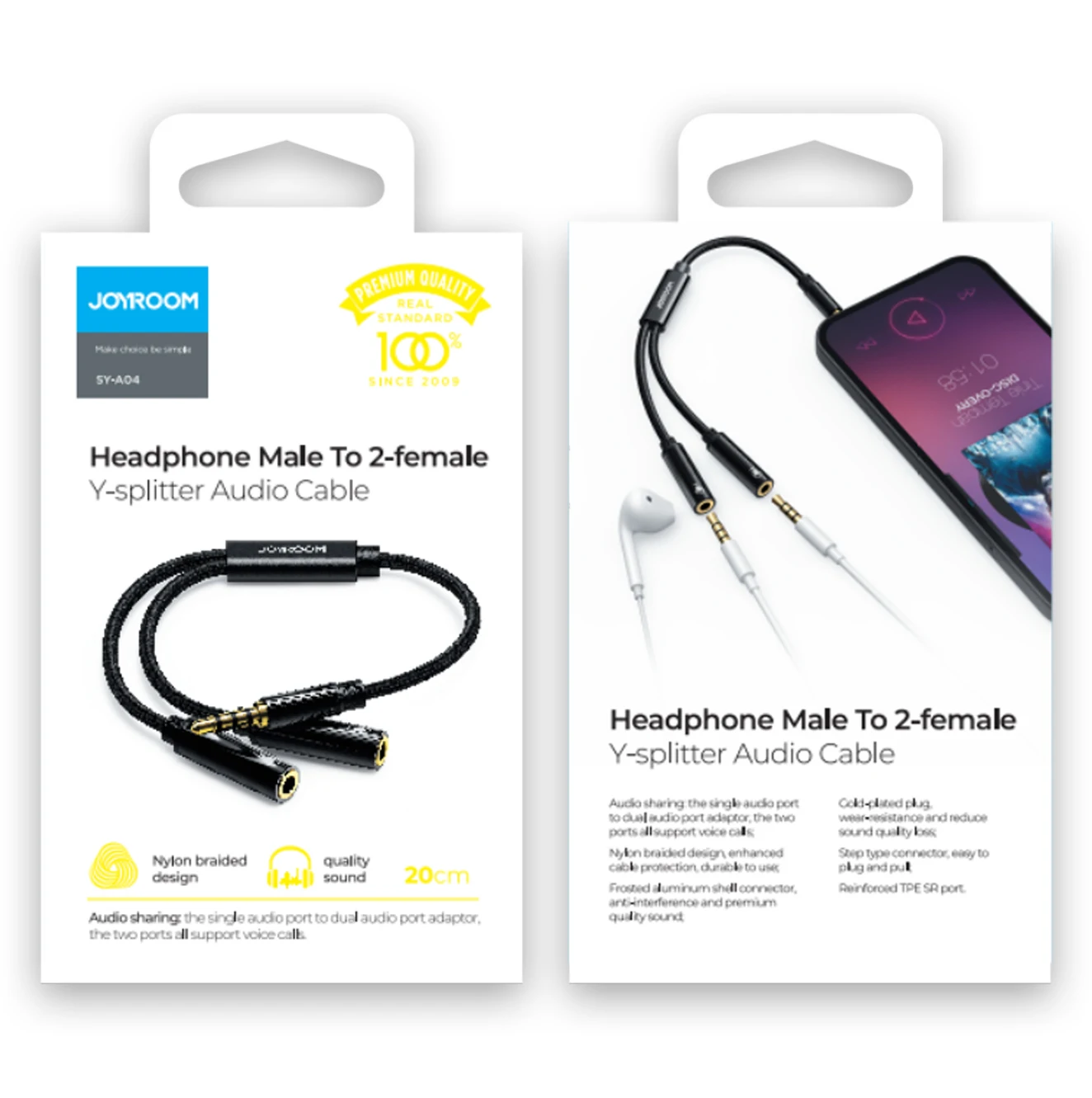 JOYROOM SY-A04 earphone sharing cable Male to 2-female Y-splitter audio cable 0.2m support voice call