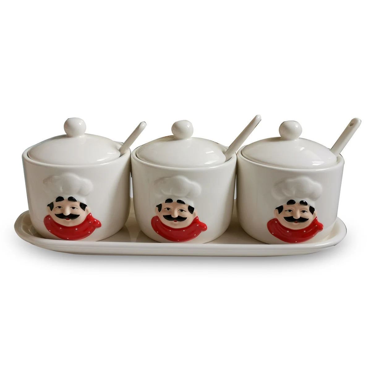 Kitchen Spice Jar Ceramic Sugar Jar Handpainting set of 4pcs Chef Design Sugar Spice and Salt Jar with Spoons & Saucer