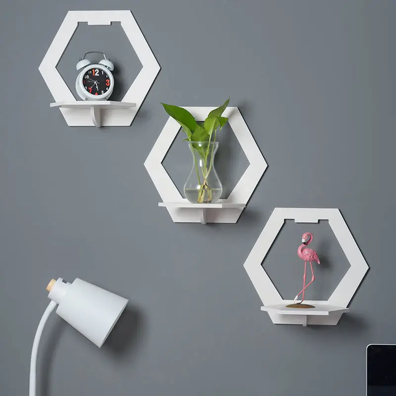 Wall Mounted Hexagon Tv Background Hanger Home Decorative Storage Rack Shelf Bedroom Bedside Flower Pot Stand Art Panel Display