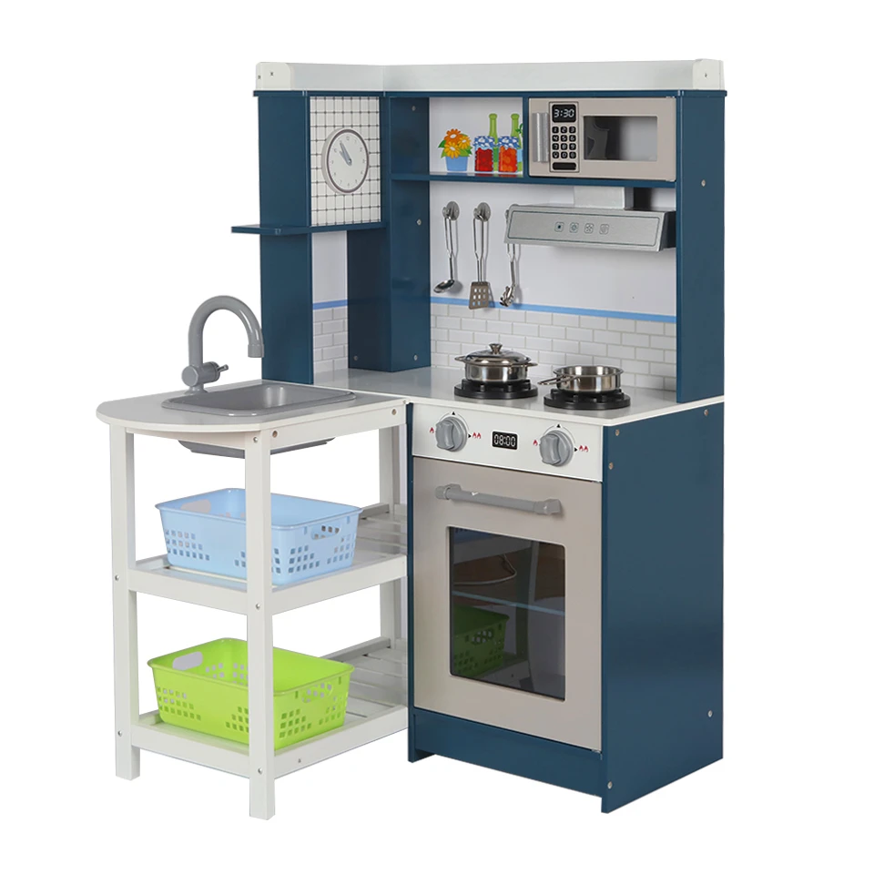 High Quality Pretend Cooking Play Kids Children Big Wooden Kitchen Toys Set With Corner Table