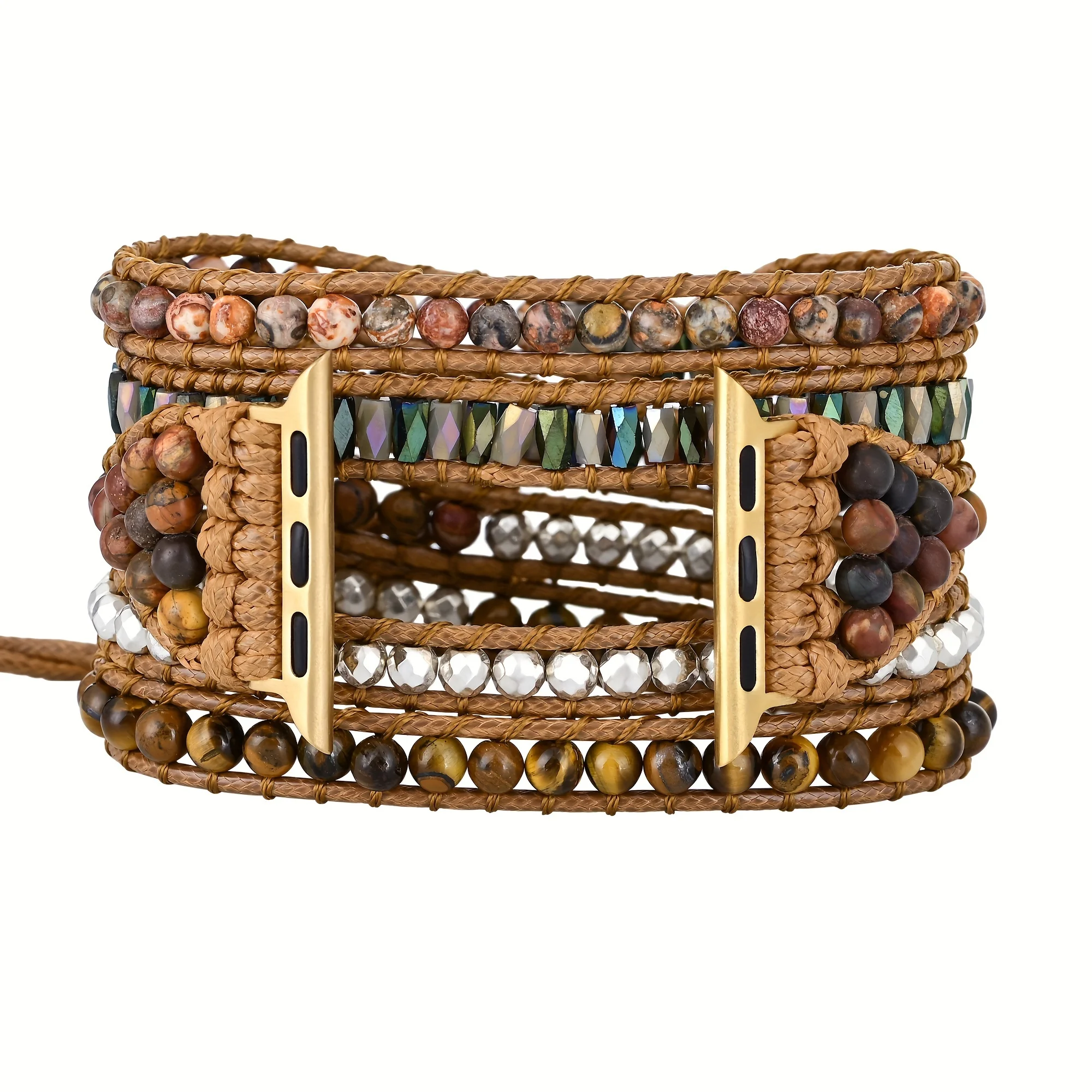 5 Layers Adjustable Handmade Bohemian Natural Stone Smart Watch Band, Cut Angle Tiger Eye Watch Braid Band For Apple Watch 38mm/