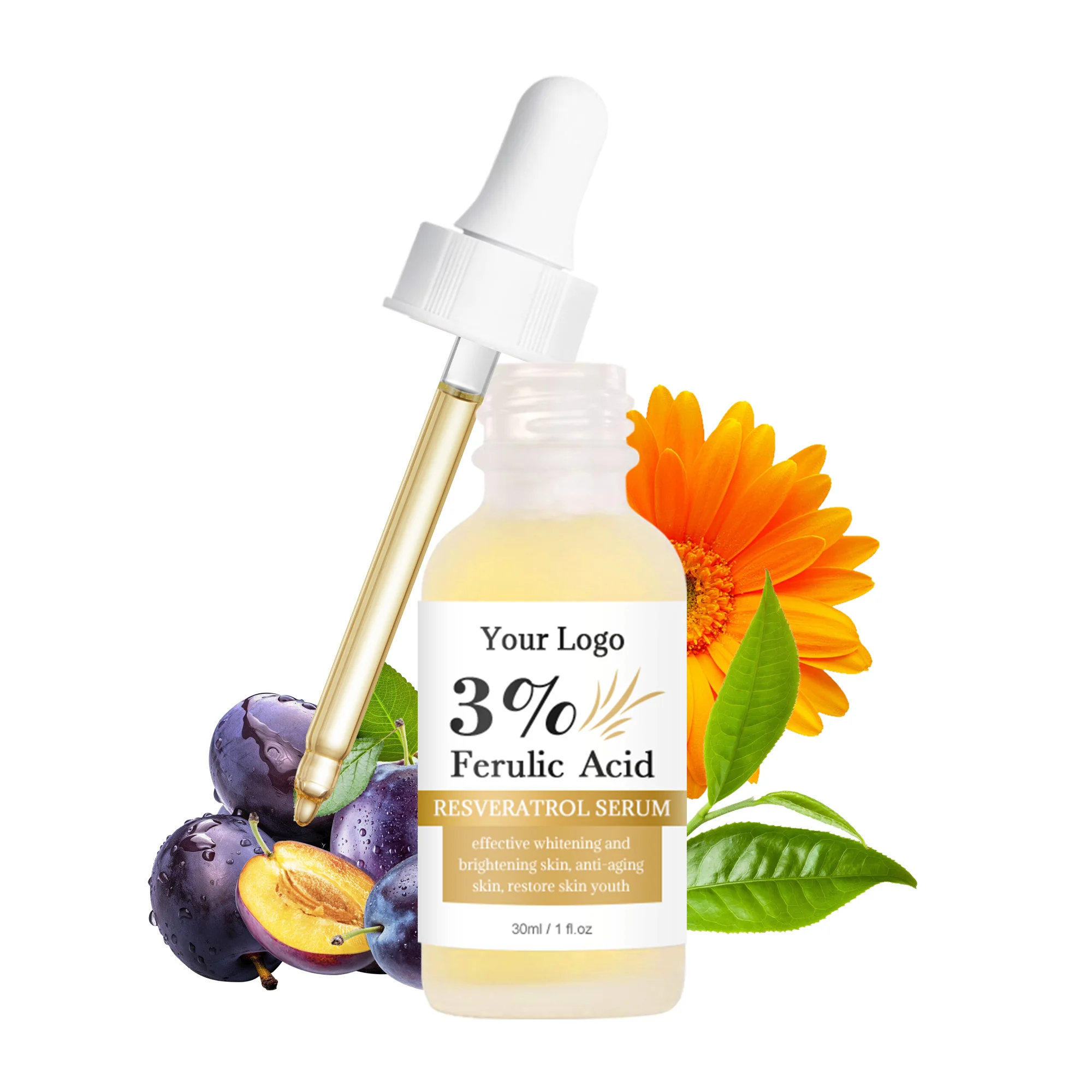Private Label Korean Hydra 3% Ferulic Acid Resveratrol Facial Serum For Whitening Brightening Anti-aging Vitamin C Face Serum