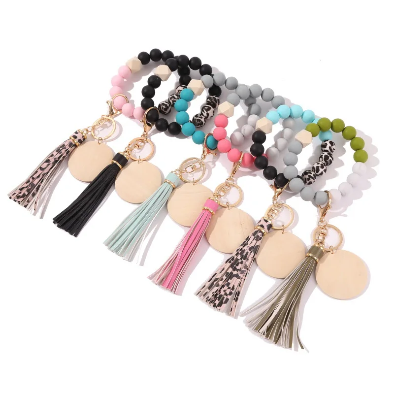 Monogram silicone beads wood beads wood chips bracelet keychain tassel keychain