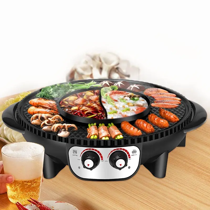 52CM Big size smokeless  electric bbq baking tray with hotpot